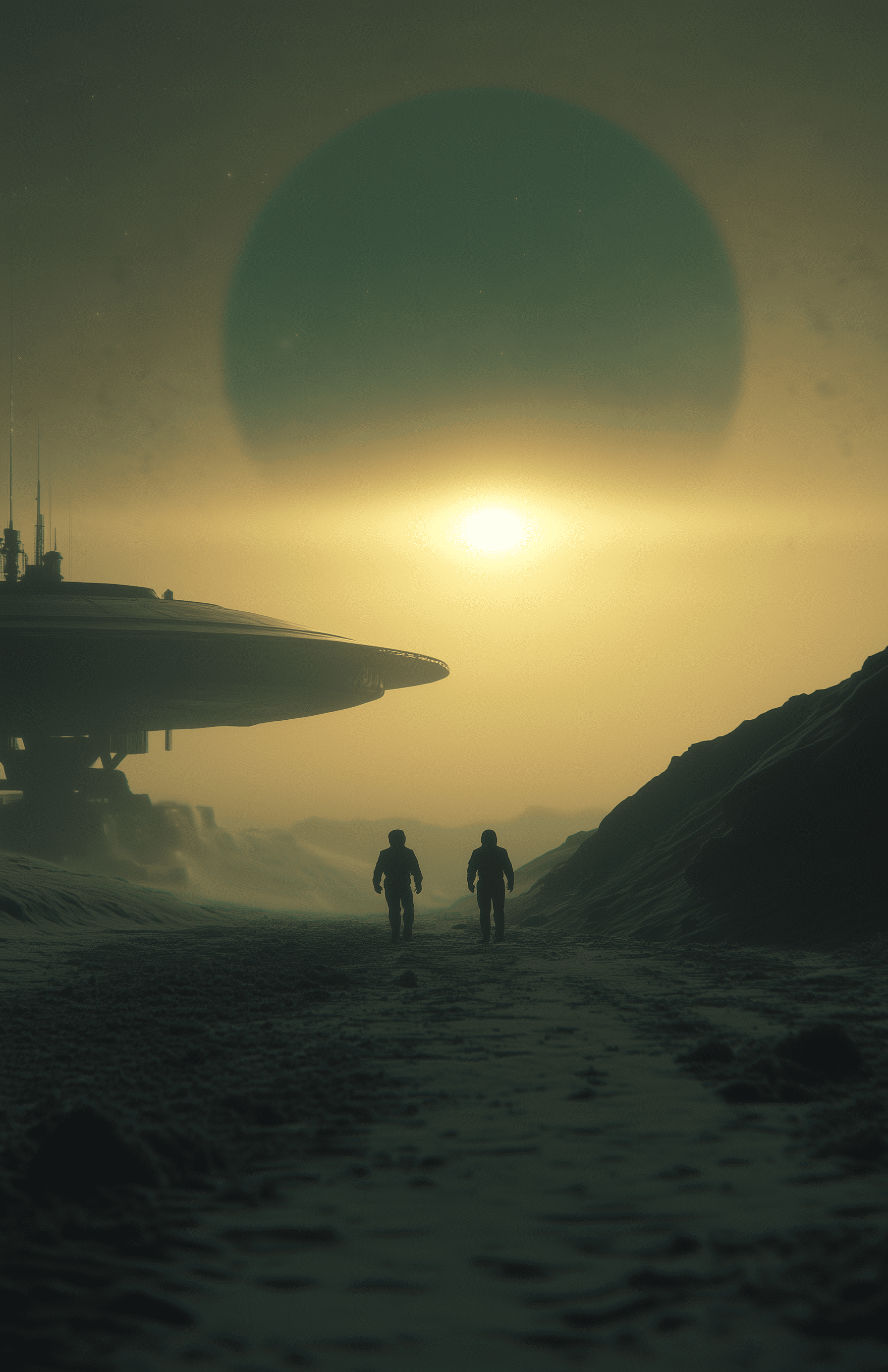 AI generated: 70s book art of an alien spacecraft on an exoplanet with two astronauts, a green gas giant in the ba...