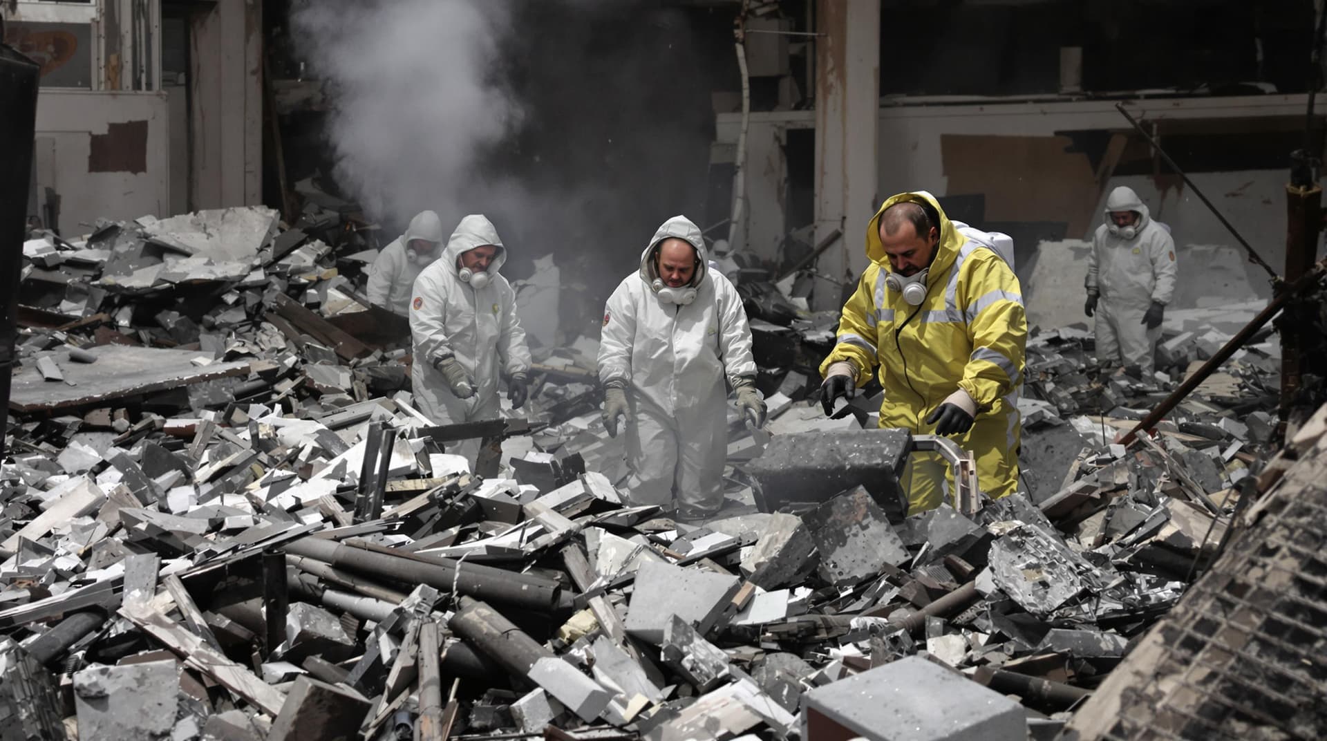 AI generated: A team of people in hazmat suits with deep sadness on their faces clearing rubble from an explosion ...