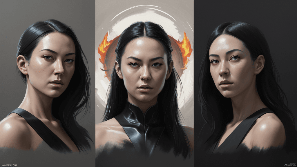 AI generated: 3 horizontal panels, fire and watere, Yin and Yang, expressive, detailed face, oil painting, heavy s...