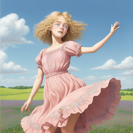 AI generated: a young girl with curly blonde hair and bright blue eyes, wearing a flowy pink silk dress, is dancin...