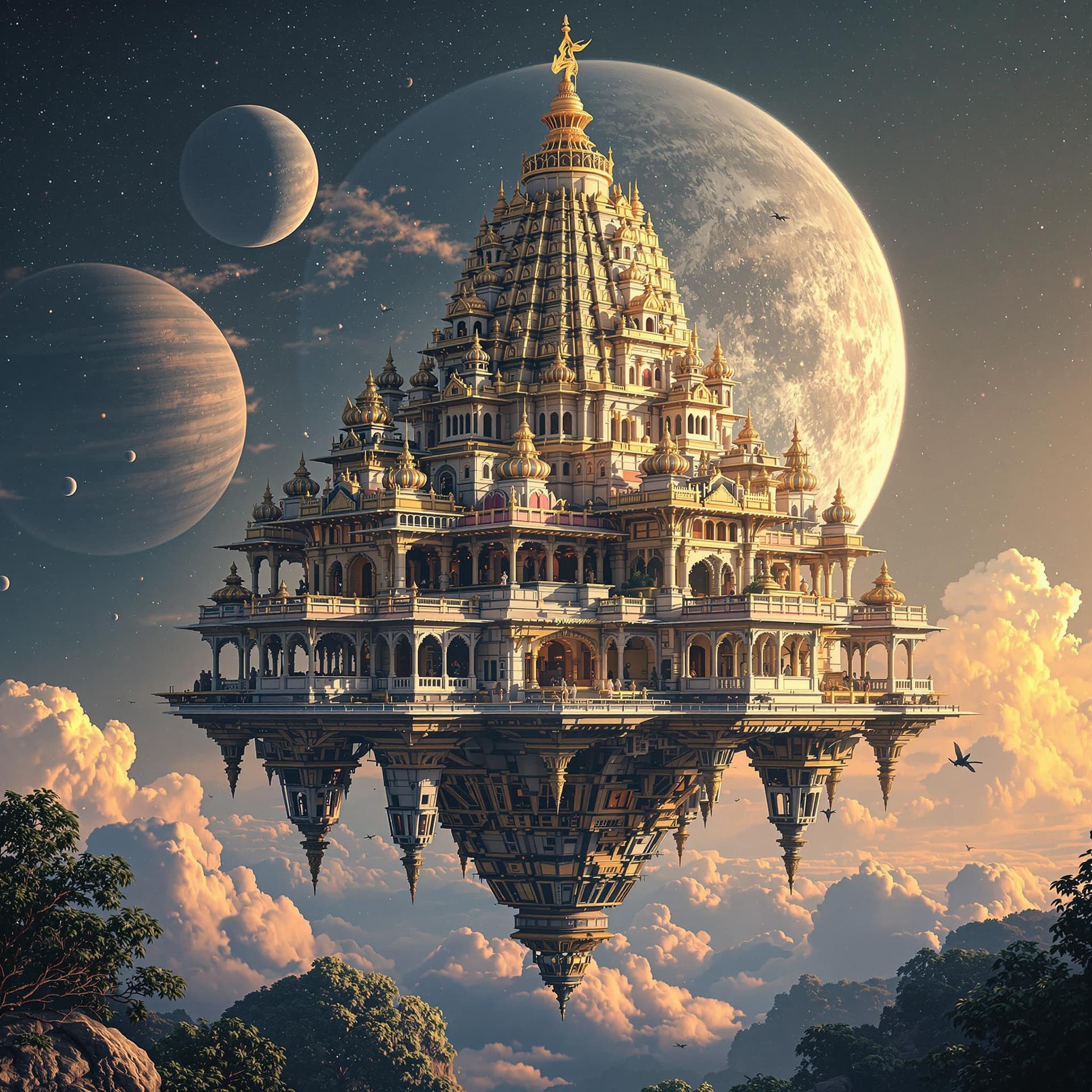 AI generated: a mansion floating in space, concept art, digital art, trending on Kerala Hindu temple, nicely detai...
