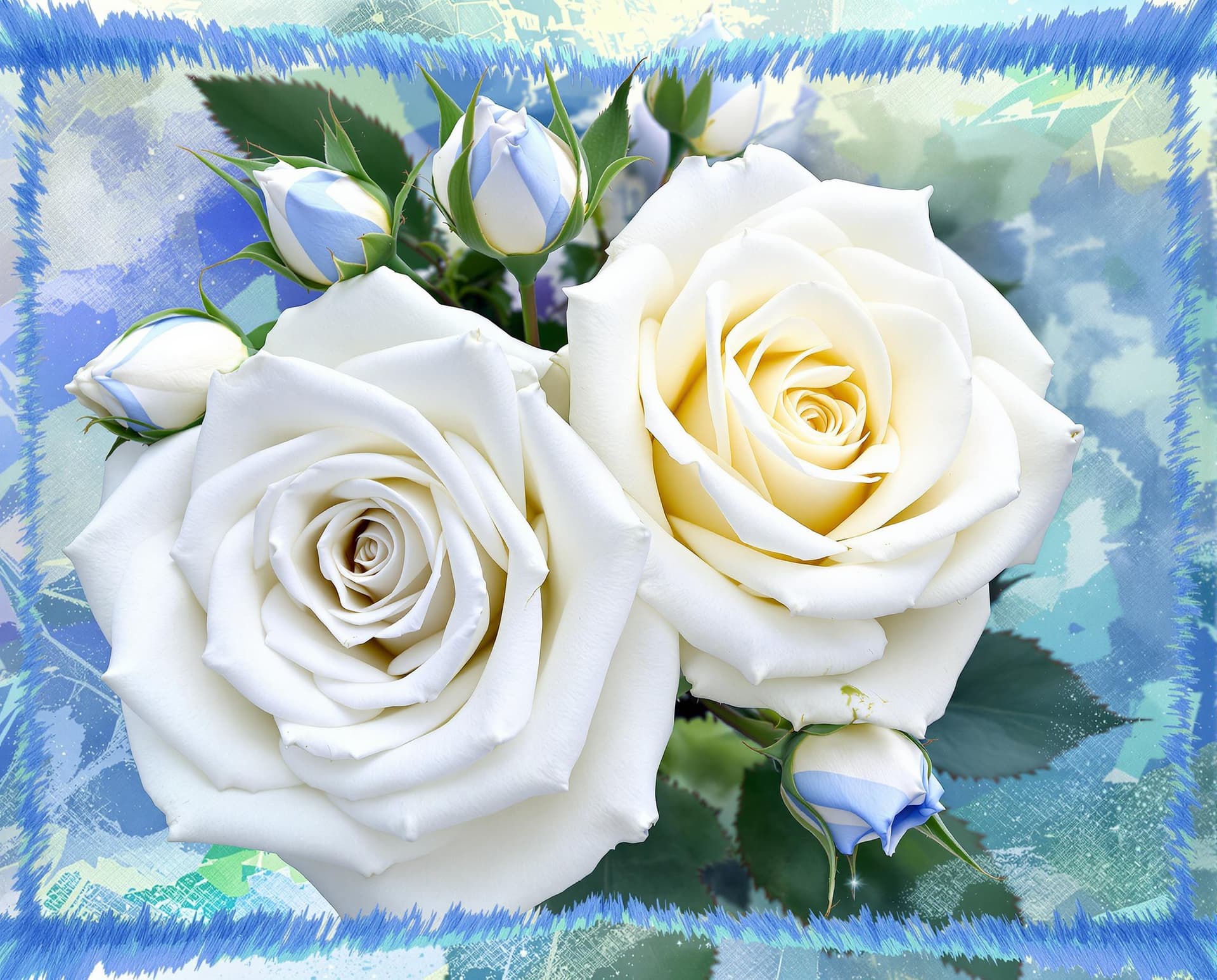 AI generated: Image is a vibrant abstract digital artwork characterized by a predominantly white   roses, featurin...