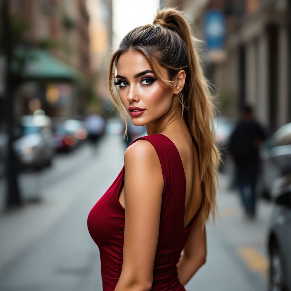 AI generated: An image of a woman posing confidently on a city street. She is turned partially away from the camer...