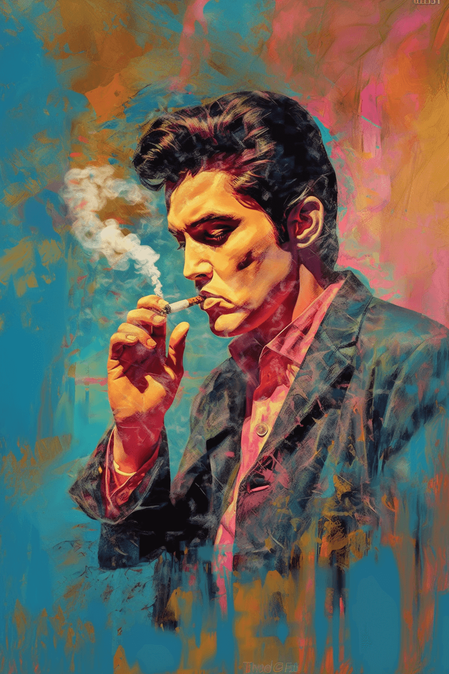 AI generated: painting of cigar smoking Elvis Presley in the style of pop surrealism, cartoon style, vintage color...