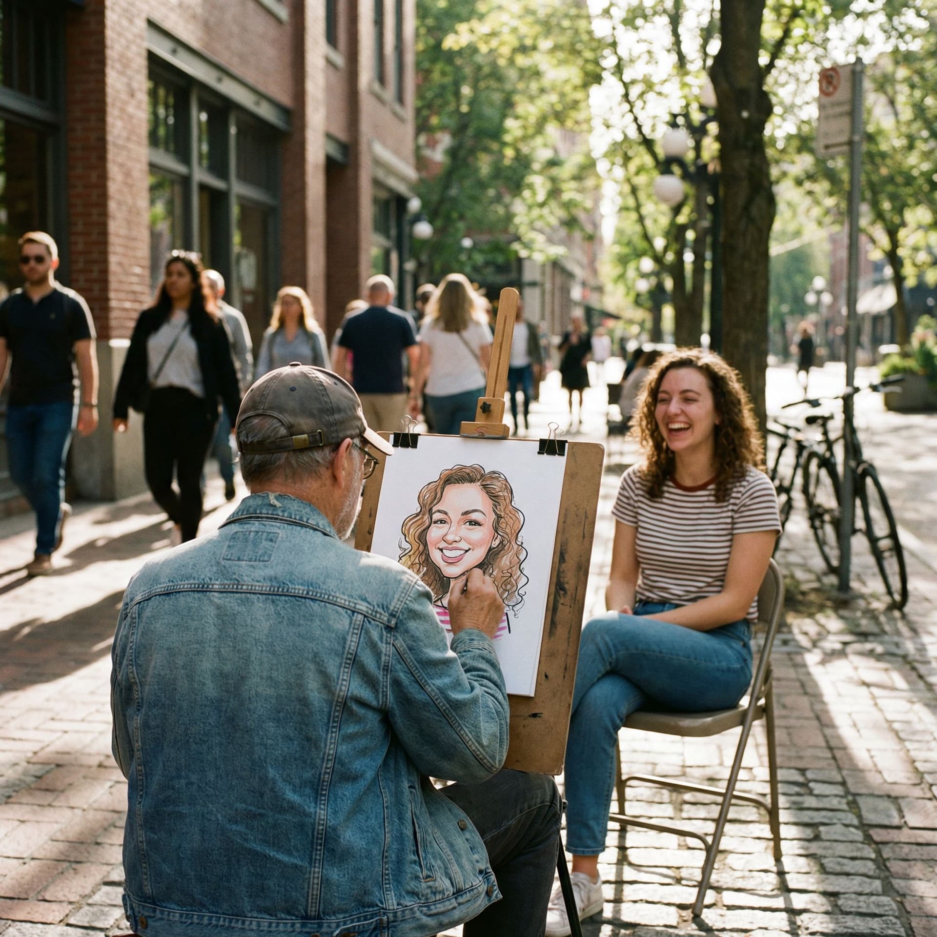 AI generated: A realistic candid street photography scene of a caricature artist drawing a portrait of a young wom...