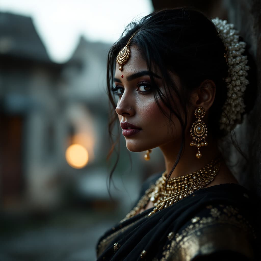 AI generated: Photo of a ultra realistic Indian Wife Wearning Black Hot Saree, dramatic light, pale sunrise, cinem...