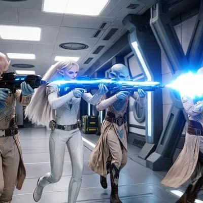AI generated video: Using characters from Reference Image 2, conduct a fighting withdrawal through the environment shown...