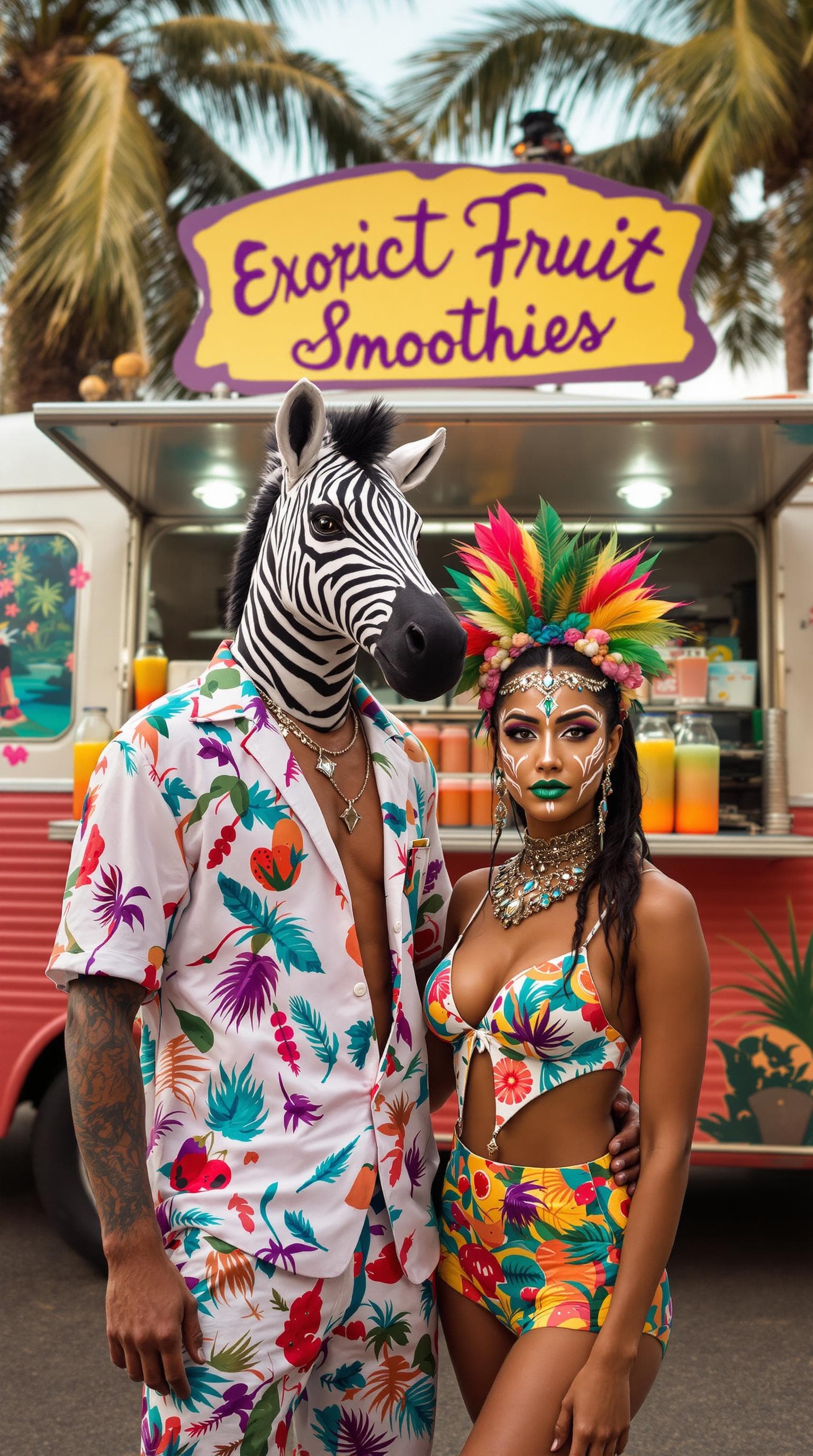 AI generated: A fashionable couple in tropical streetwear, standing in front of a vintage food truck selling exoti...