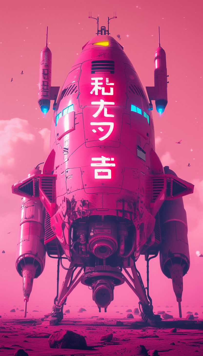 AI generated: spaceship ad, sign, 90s, anime, japanese pop, japanese words, in the style of Jamie Hewlett, front v...