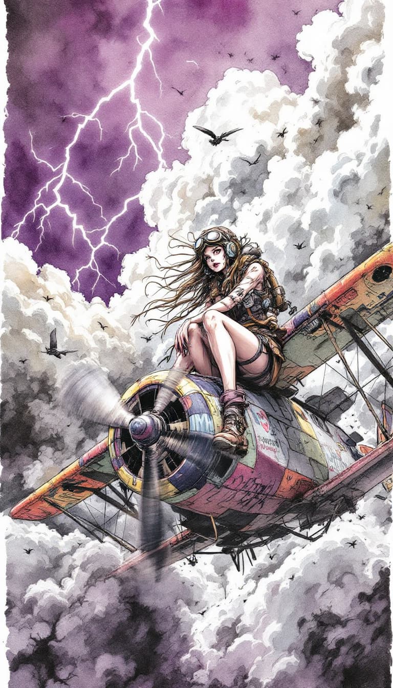 AI generated: (2) A dynamic ink wash illustration, reminiscent of Ralph Steadman, features a rebellious female pil...