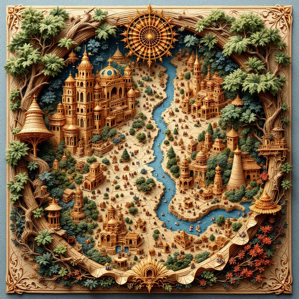 AI generated: ancient map, Paper quilling, paper cut art, paper illustration::5 very detailed, 8k::2