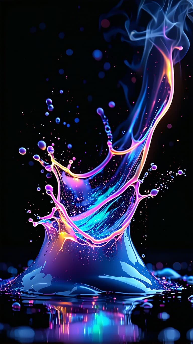 AI generated: glowing holographic milky fluid drip, splashes, powder, smoke, black background, hq abstract backgro...