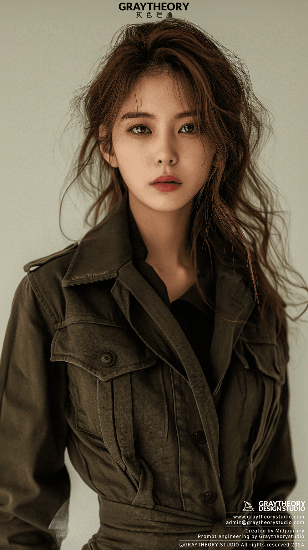 AI generated: Photograph, woman, model, minimalist millitary, stylish hair, gaze, solid white environment, studio ...