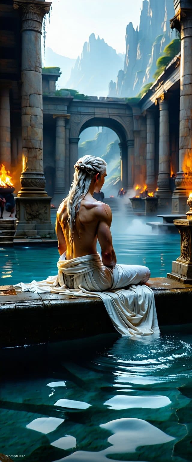 AI generated: A wide, cinematic, Renaissance-inspired bathing scene set in a private royal stone pool, surrounded ...