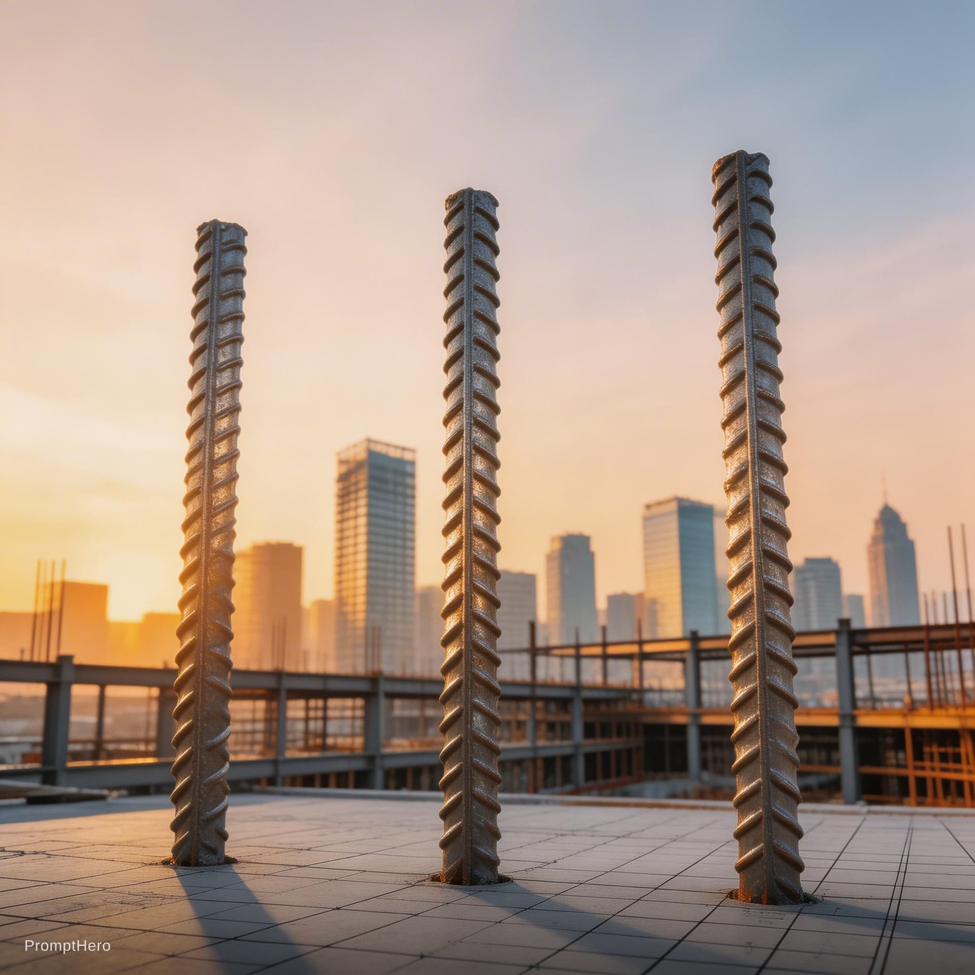 AI generated: cinematic, ultra-realistic scene showing three massive steel rebars standing vertically in the foreg...