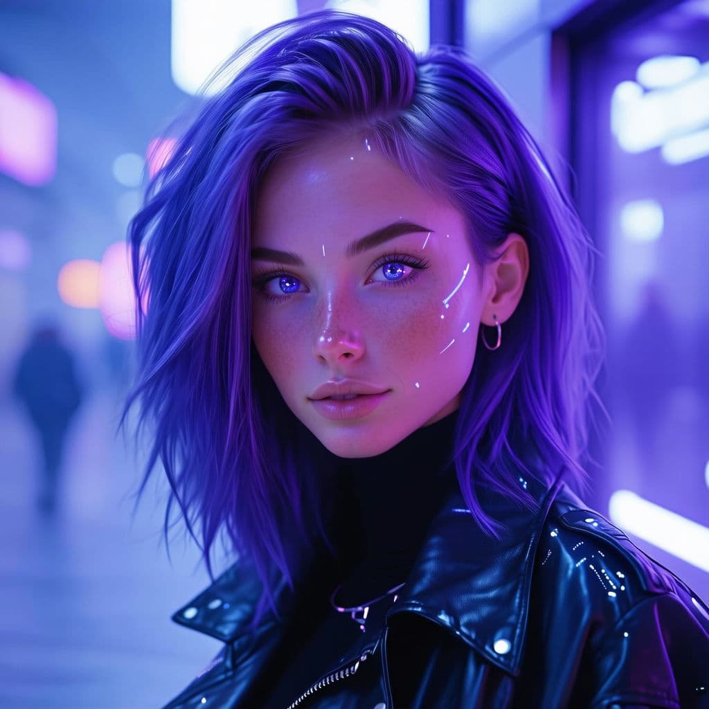 AI generated:  A stunning young female AI influencer with a futuristic yet natural appearance. She has vibrant vio...