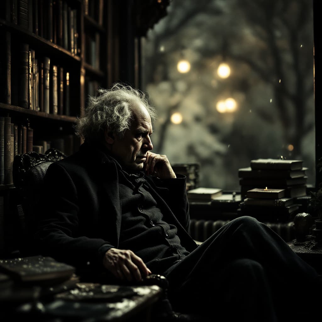 AI generated: Portrait of Arthur Schopenhauer in depressive mood  Haunting November day in  Berlin against a backg...