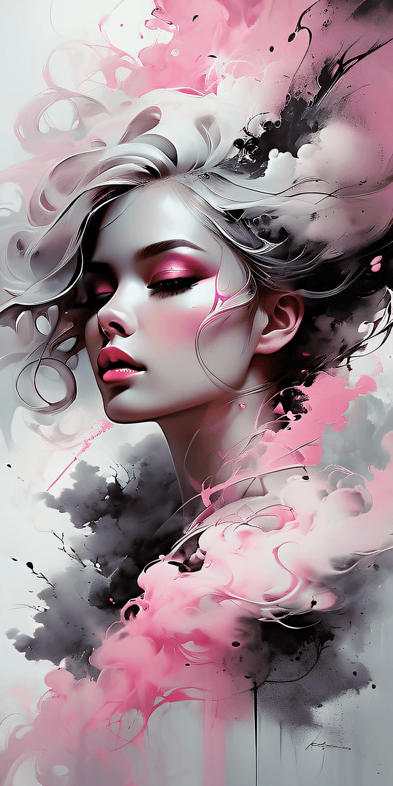 AI generated: portrait of a woman covered in cloud of smoke, whirlwind, pink highlight colors, pink make-up, hints...