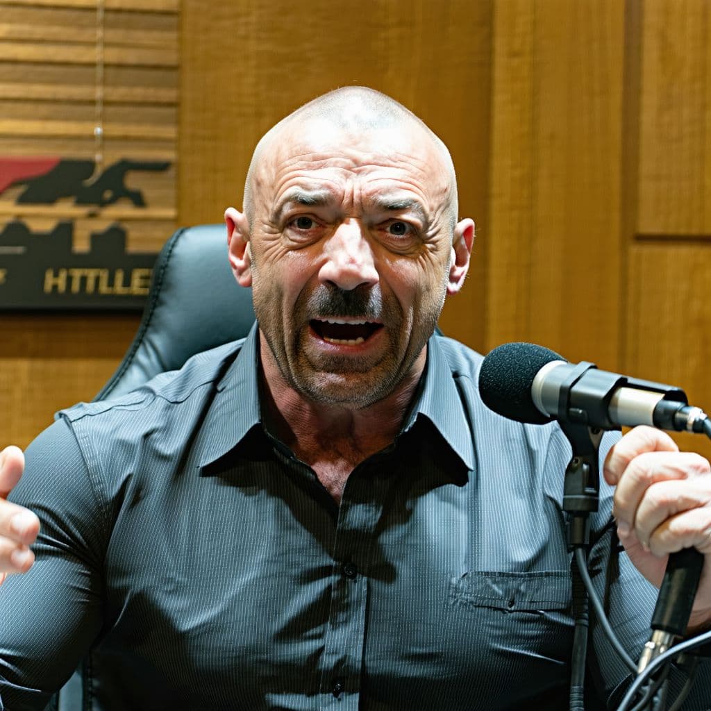 AI generated: Joe Rogan catches hitler breaking onto his set during a podcast and welcomes him
