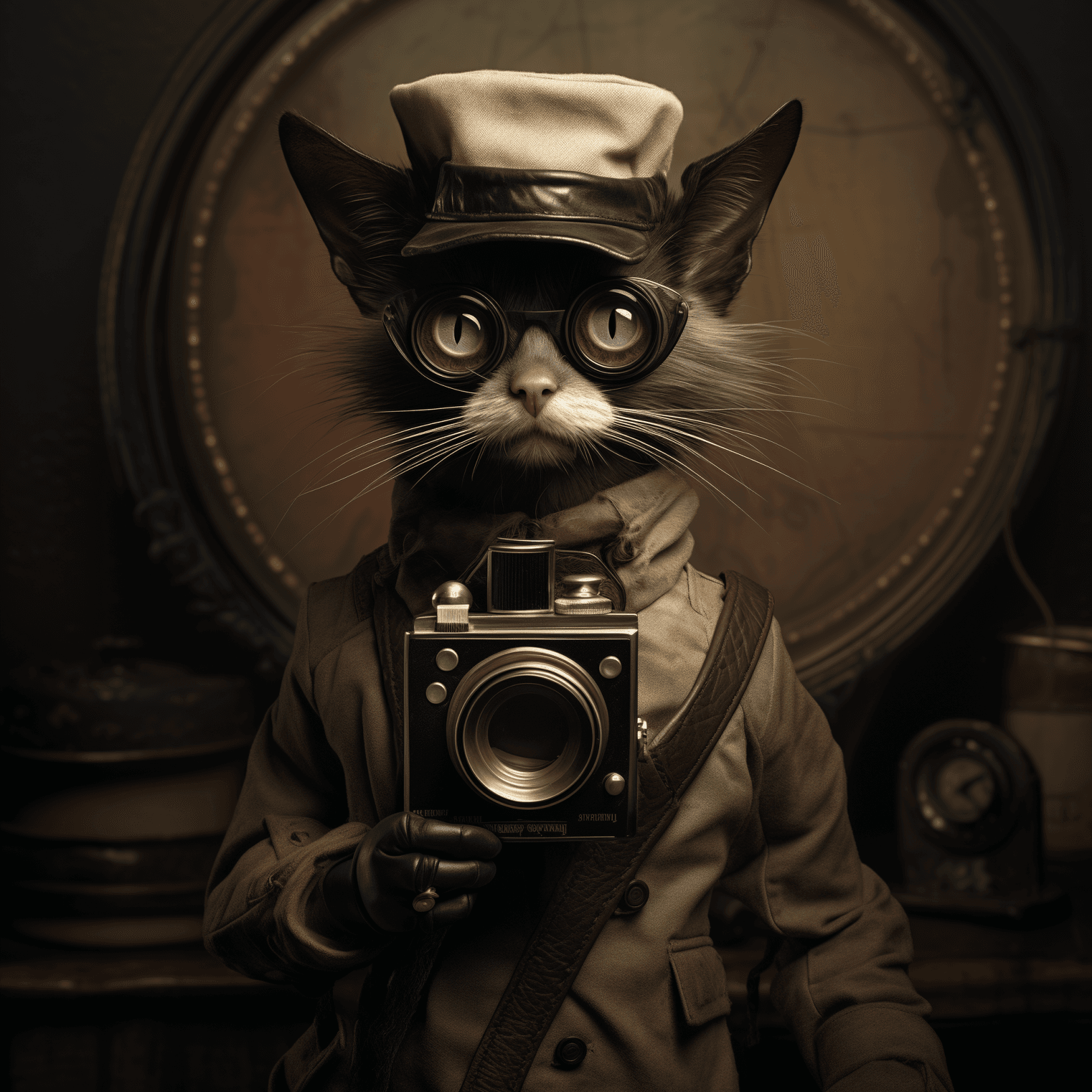 AI generated: Siamese cat character in the style of Tim Burton, very anthropomorphic, dressed as a photographer, s...