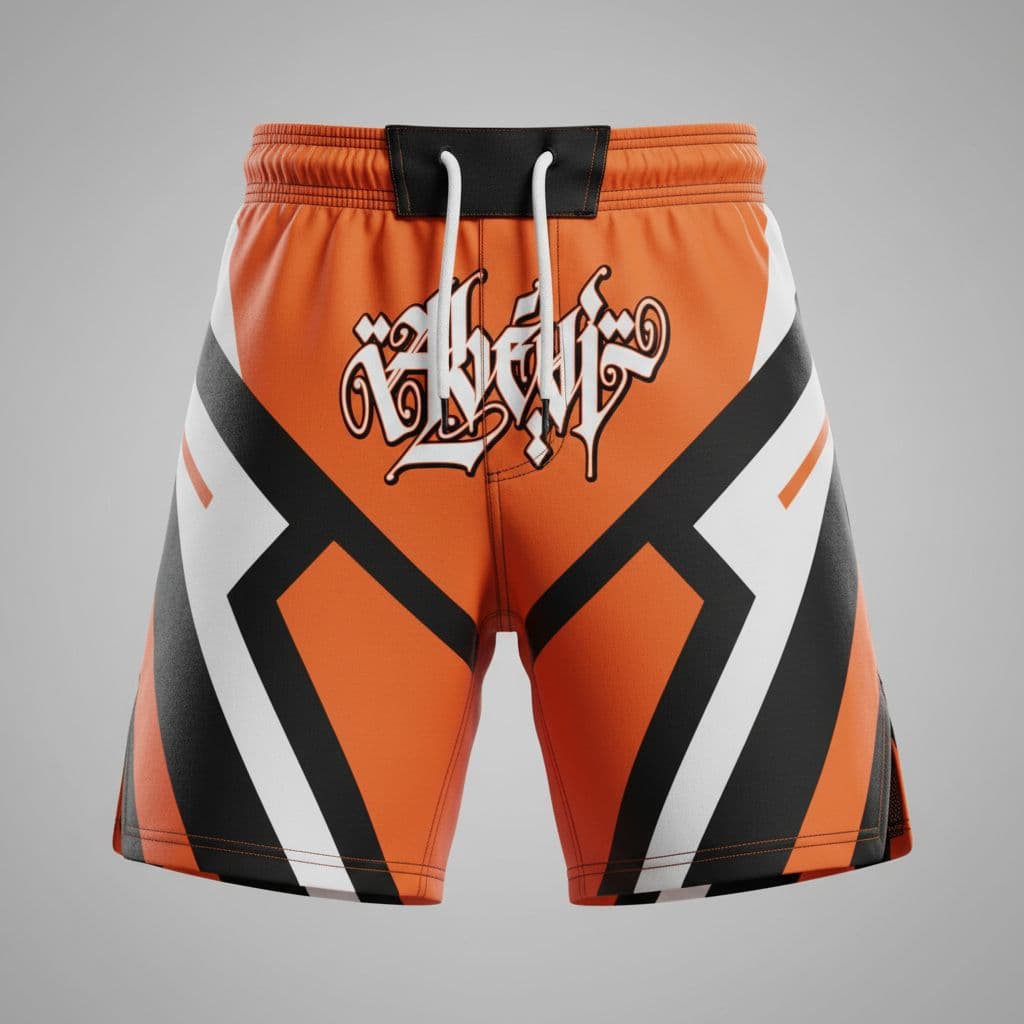 AI generated: PUT THIS LOGO IN THE MIDDLE ON A 3D HIGH QUALITY ORANGE BLACK WHITE MIXED MARTIAL ARTS SHORTS RENDER...
