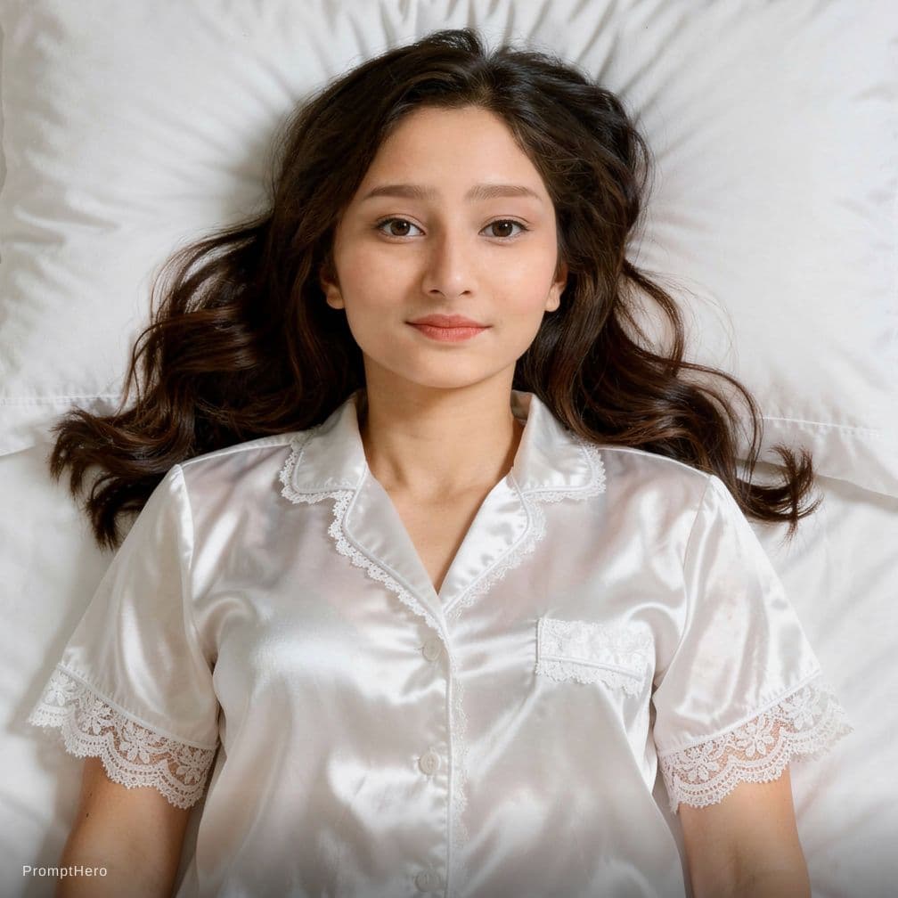 AI generated: Create a high-resolution photograph of a fit adult woman lying on her back in a bed covered with pri...