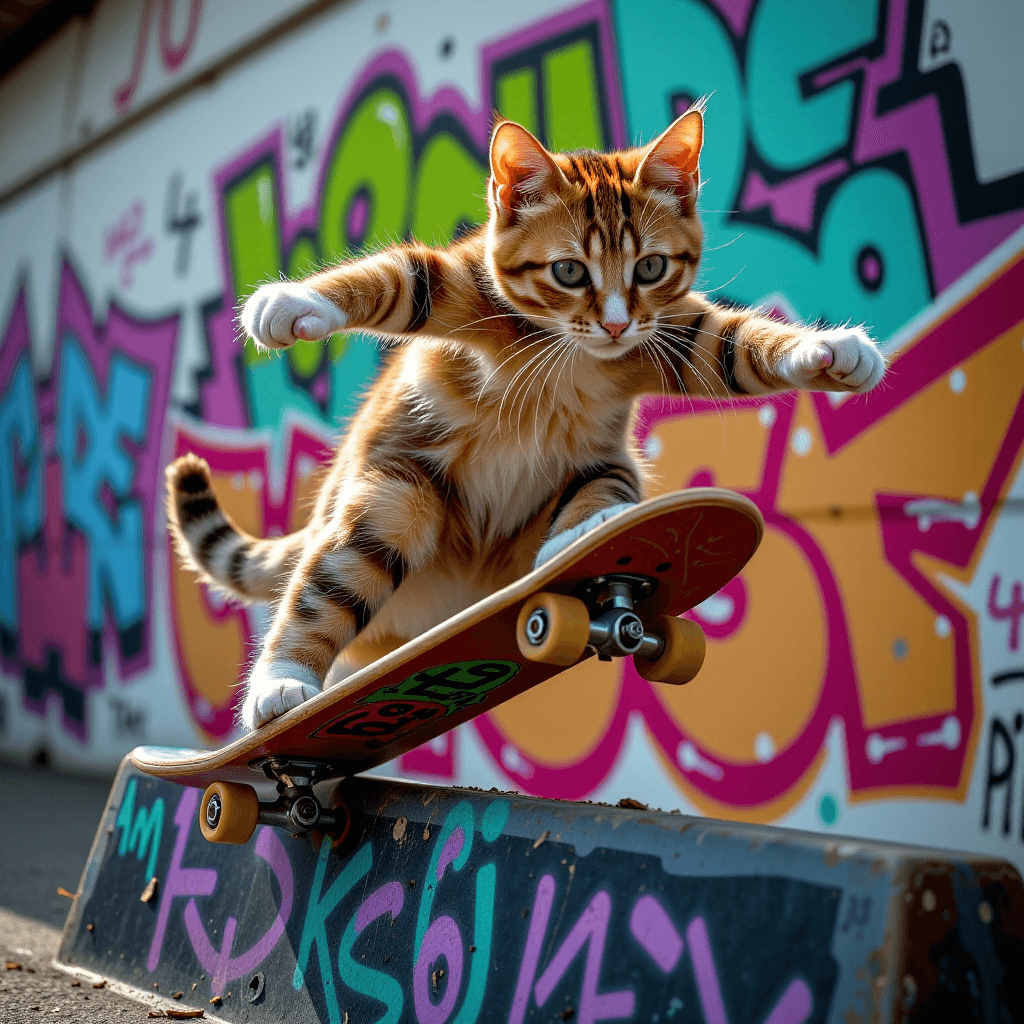 AI generated: Eine dynamische Action-Szene einer Katze, die auf einem Skateboard Ã¼ber ein GelÃ¤nder grindet und d...