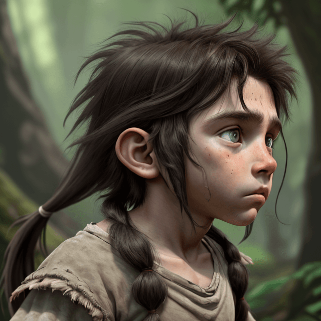 AI generated:  the face of a young prehistoric boy, long dirty hair, side view, 8k