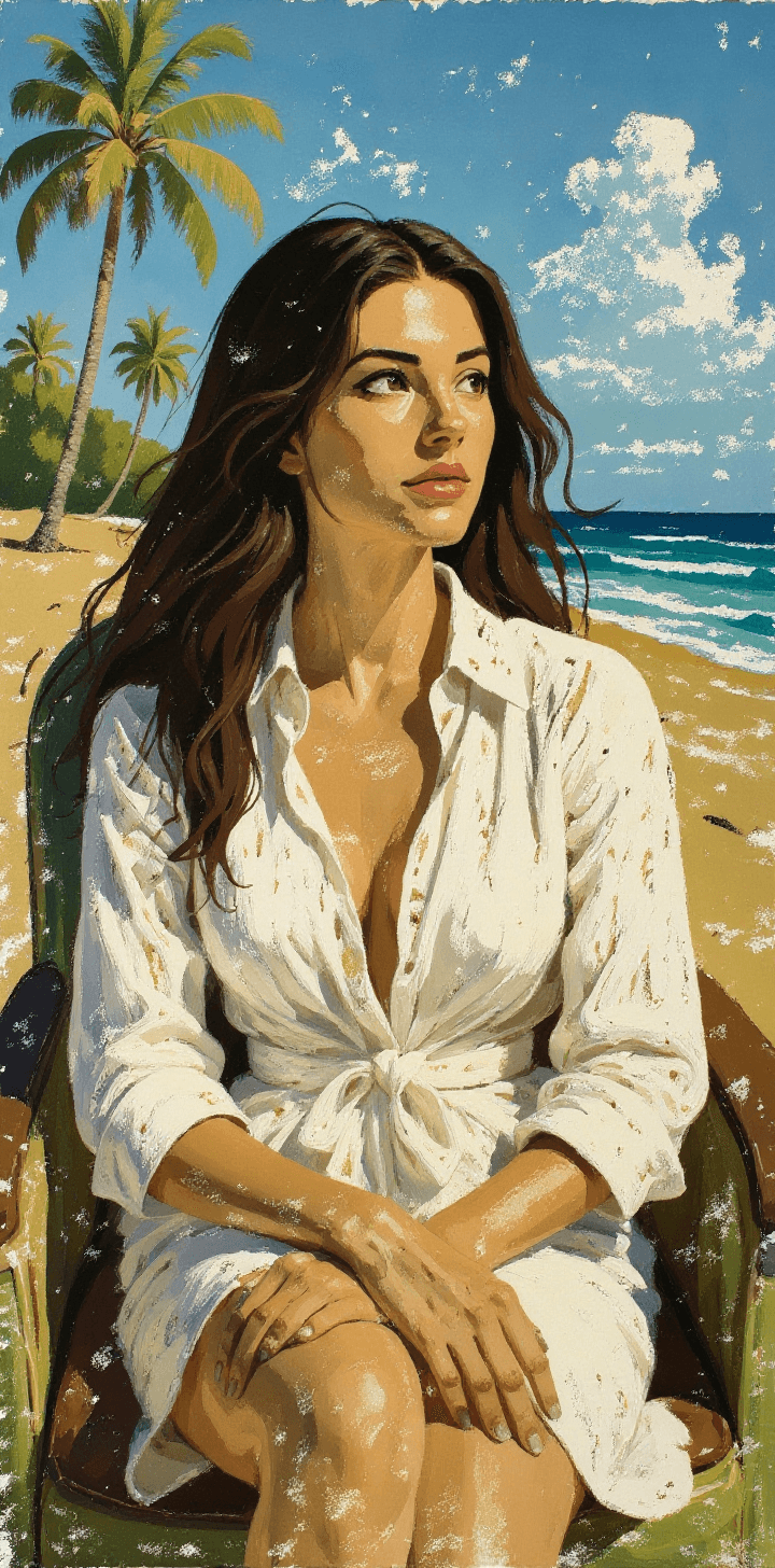 AI generated: a painting of a woman, in the style of brushstroke-intensive portraits, sitting  in an open theather...