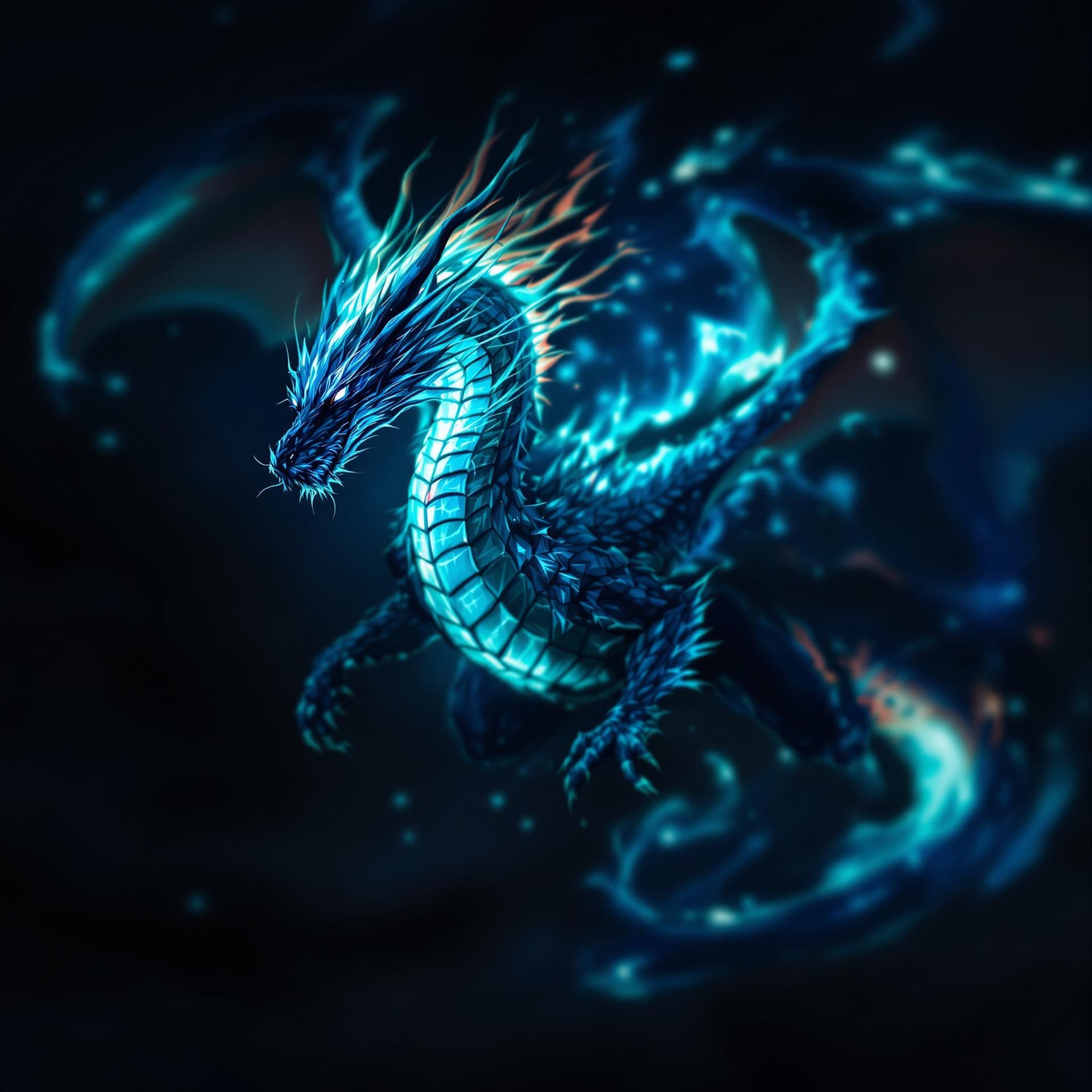 AI generated: Dynamic action pose of a dragon, glowing with bioluminescent colors.  The style is moody and strong,...