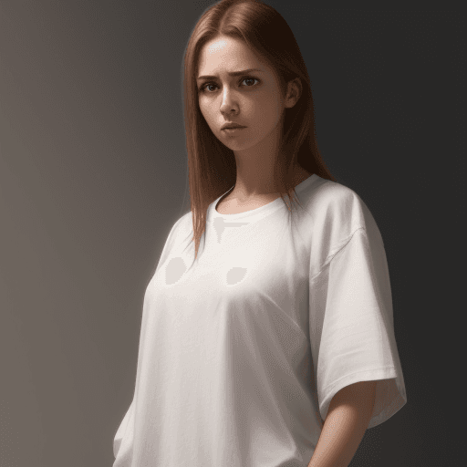 AI generated: photo realistic woman wearing a baggy white shirt, dim light,
