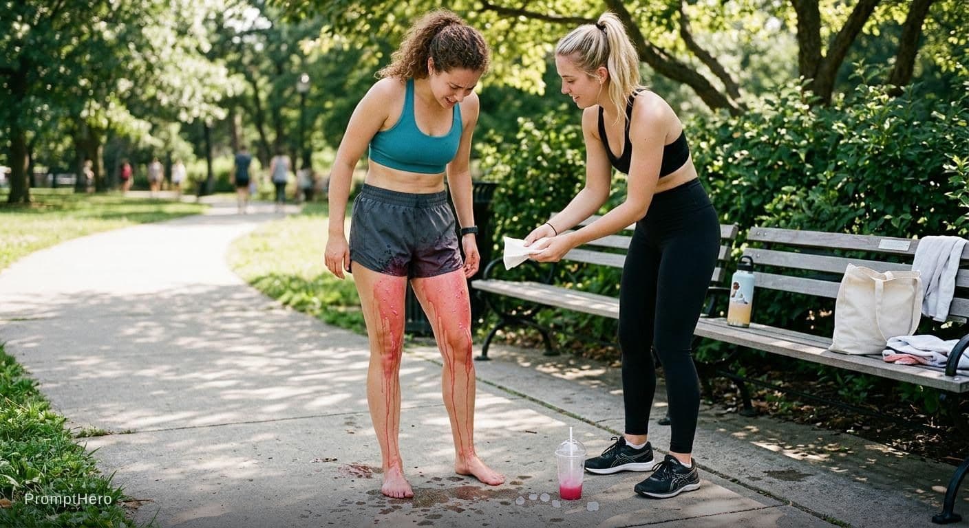 AI generated: No shoes
Someone spilled an ooozy drink on their legs and is dripping om feet
It is hot so they are ...
