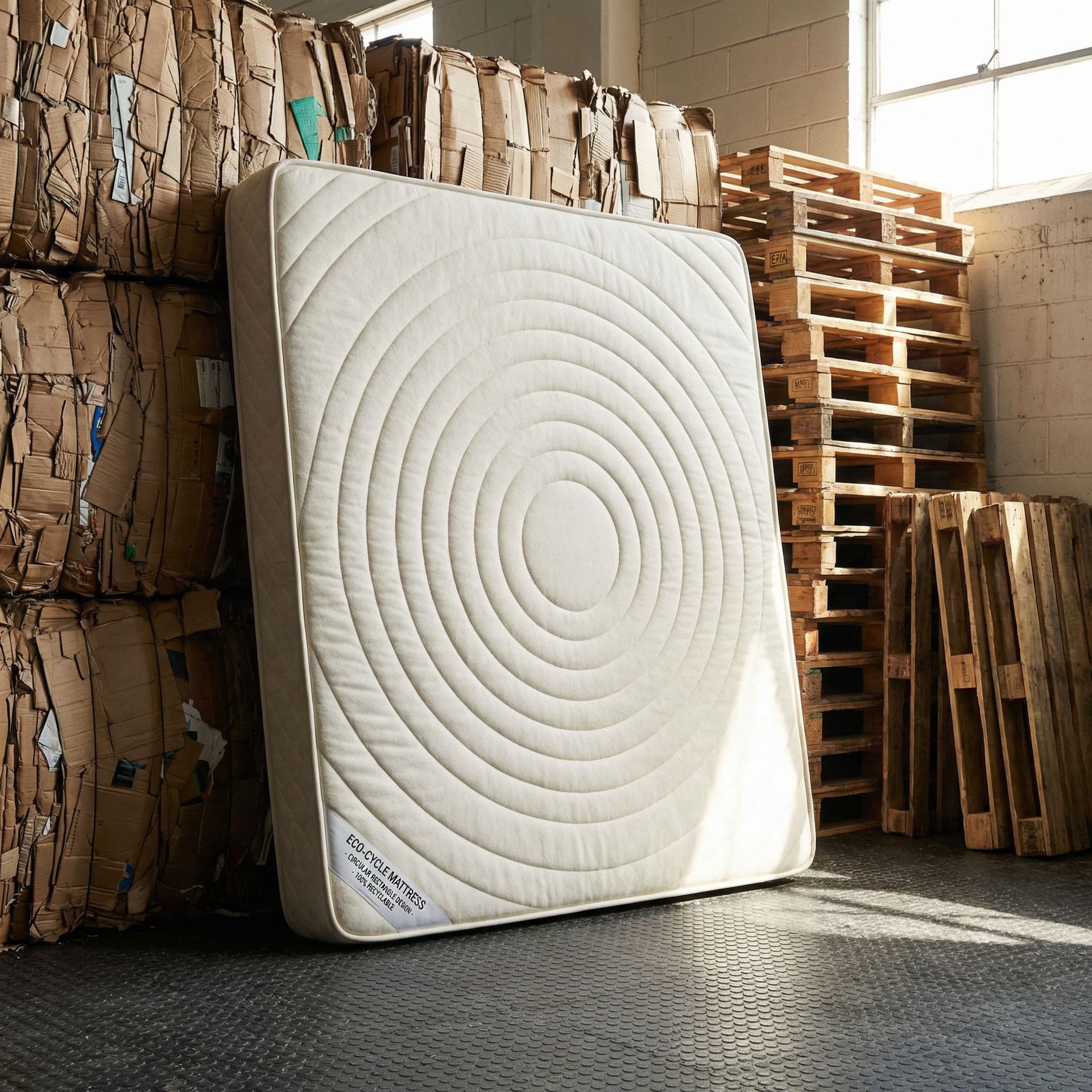 AI generated: Take a photo in which a rectangular circular mattress is visible against a recyclable background. Ma...