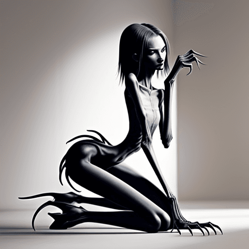 AI generated: very skinny slender girl, with long curved claws, skinny legs and long skinny calves in high heels a...