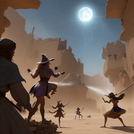AI generated: a concept art with dutch angle shot of a group with a wizard, a witch, a little fairy and a karate g...