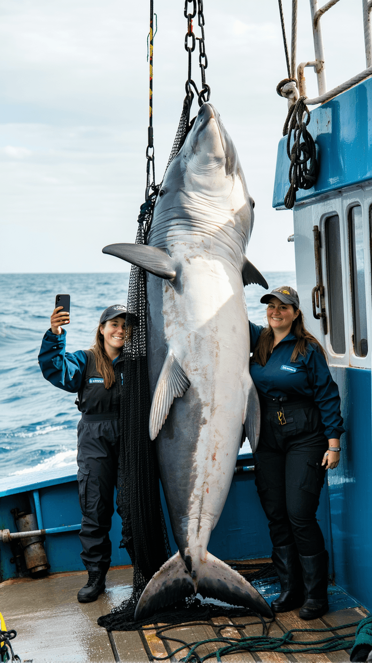 AI generated: A full-length photograph of two female fishermen on a fishing boat with a dead porpoise. The  dead p...