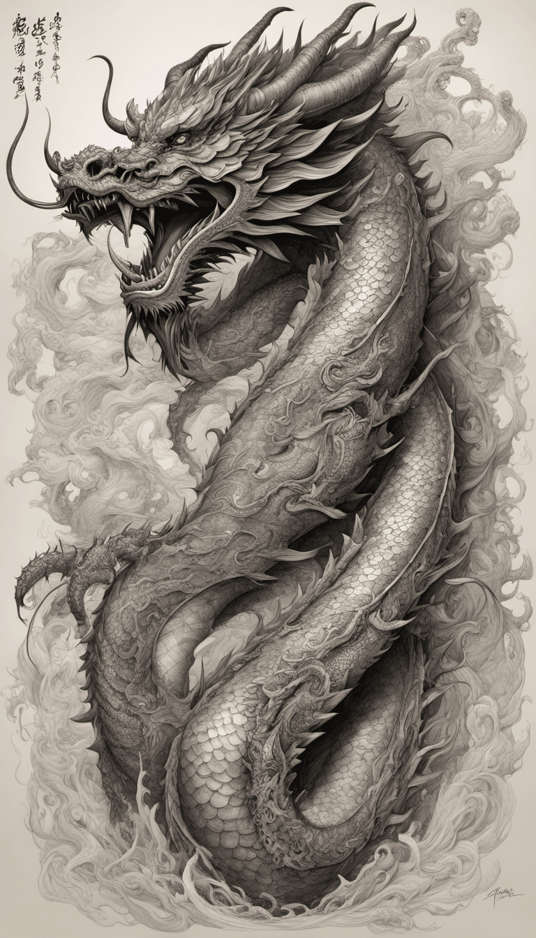 AI generated: asian dragon, pen and ink, intricate line drawings, by craig mullins, ruan jia, kentaro miura, greg ...