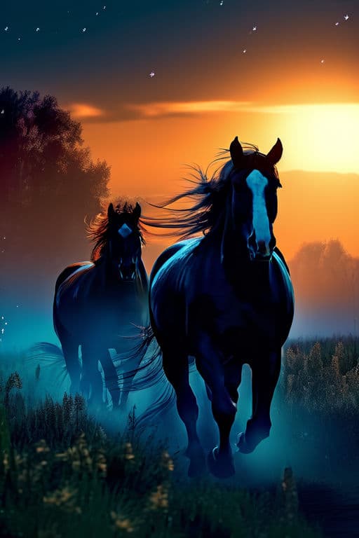 AI generated: beautiful painting, galloping horses against the backdrop of the night sky, painted with stars and a...
