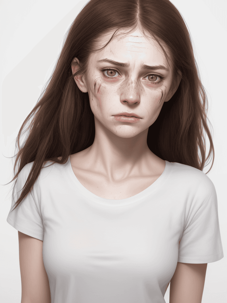 AI generated: Raw photo, A young woman. Thin lips. Grimace face. Highly detailed face. White background. White tsh...