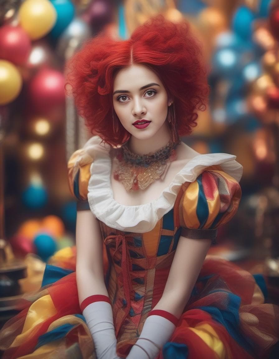 AI generated: a woman dressed as a clown with red hair, in the style of magical girl, colorful moebius, light yell...