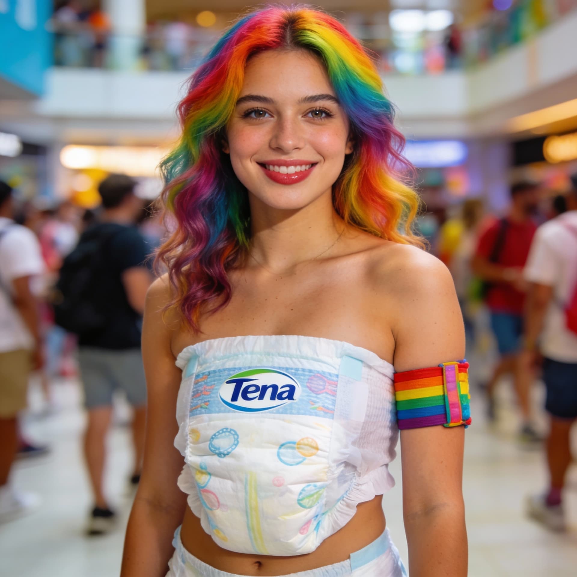 AI generated: high quality, diaper, tena pattern, woman, detailed face, rainbow hair, smiling, armband, in public