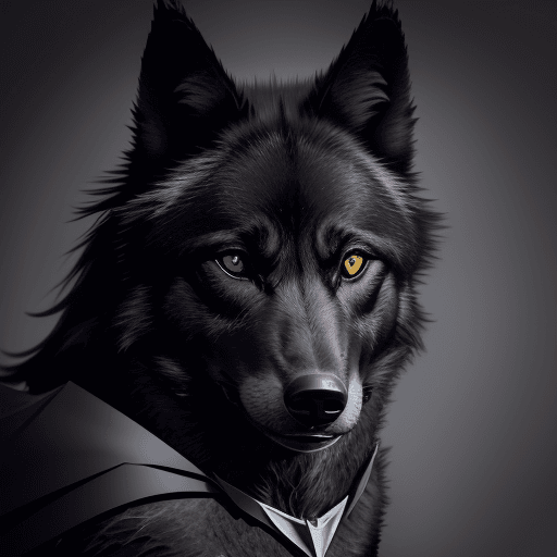AI generated: Black wolf wearing a silver batman logo collar.  Portrait shot