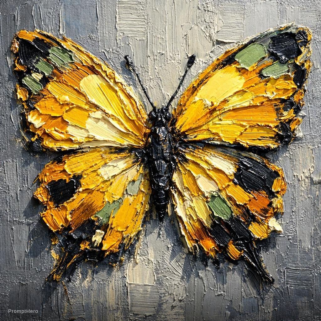 AI generated: A high‑relief, heavy impasto oil pastel painting of a butterfly. Thick‑on‑thick “buttered” palette‑k...