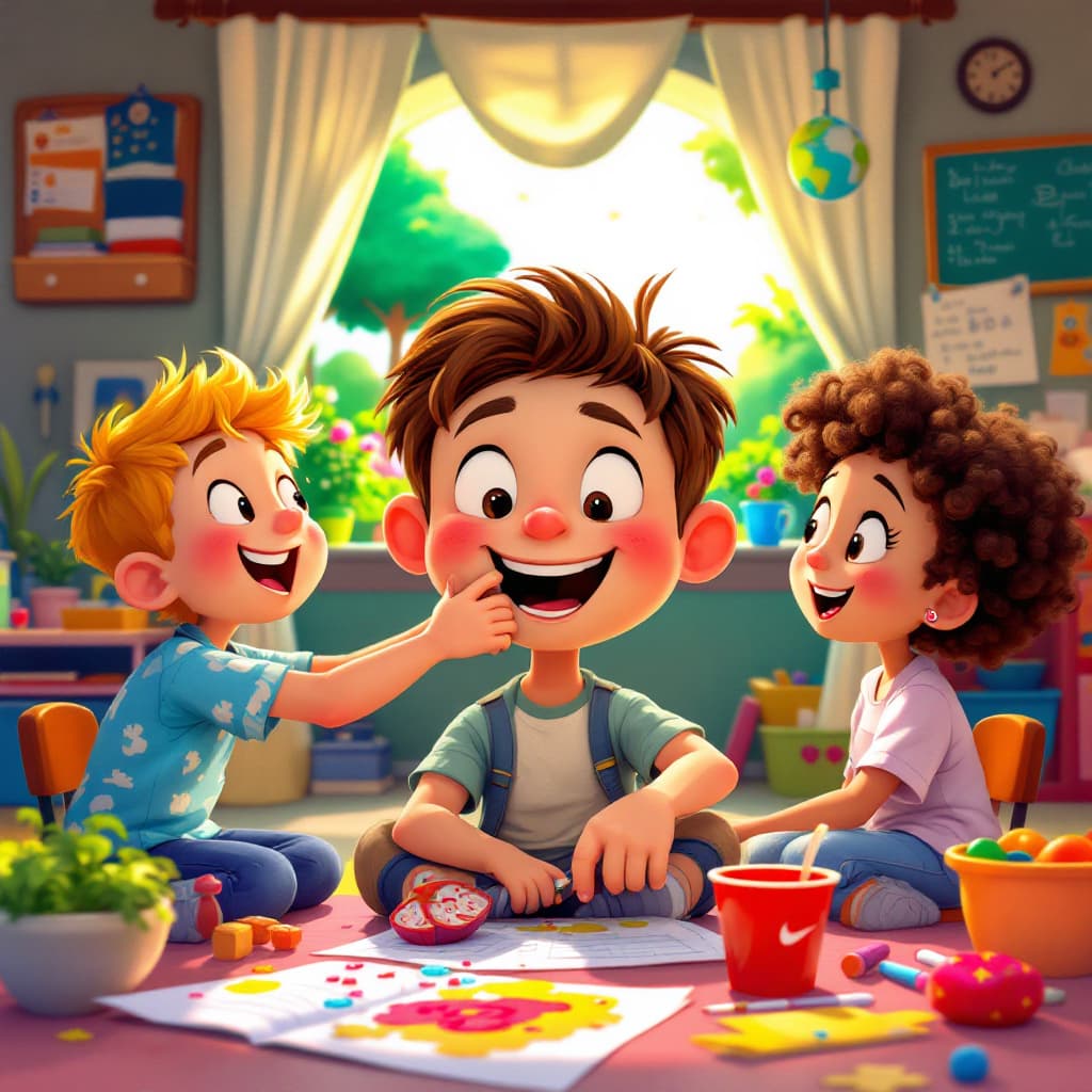 AI generated: whimsical illustration of Mark, a young boy, and FRIENDS, mid-swap, with vibrant colors and playful ...