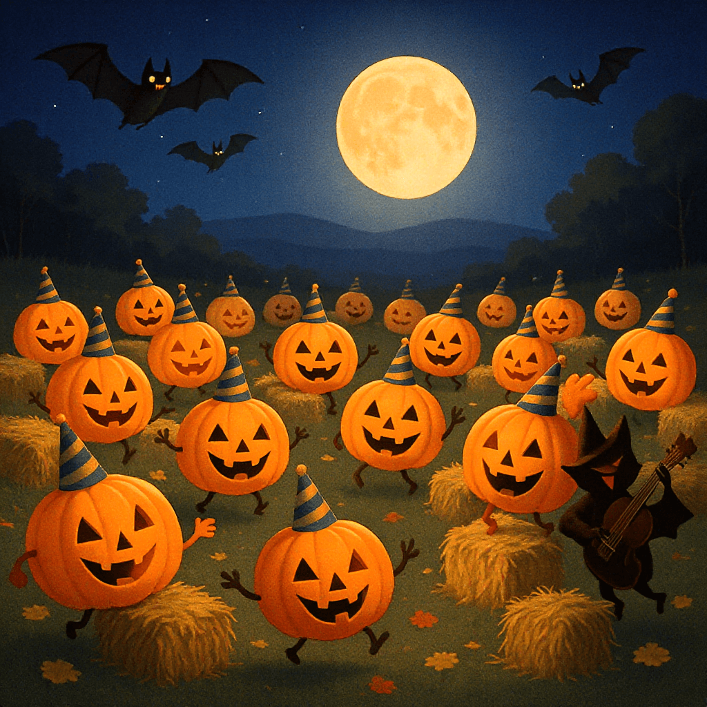 AI generated: Pumpkin Patch Party — smiling jack-o’-lanterns wearing party hats dance around hay bales, while cart...