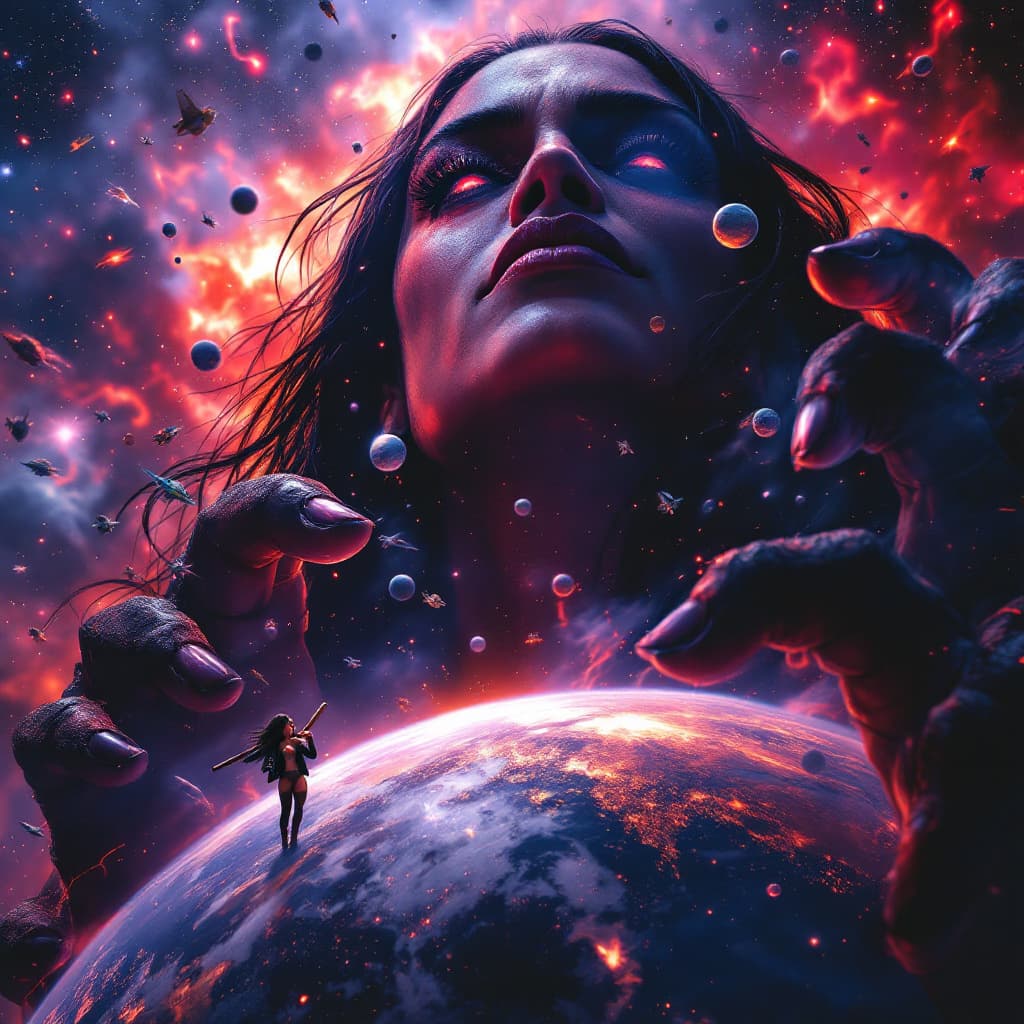 AI generated: enormous giantess Raquel Rodriguez  from WWE
bigger than a galaxy floating in space,  minuscule plan...
