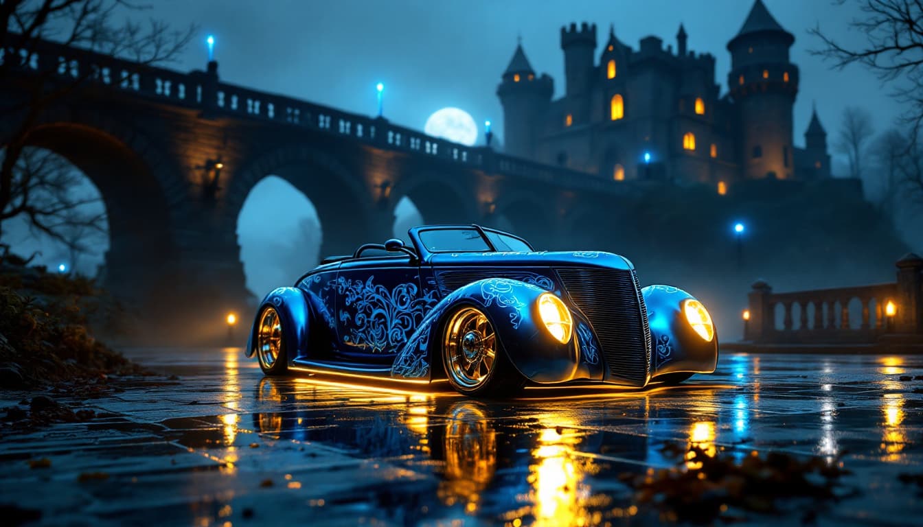 AI generated: A photo realistic 1938 Ford Roadster from a front side view. The car is lowered, a metallic blue bas...