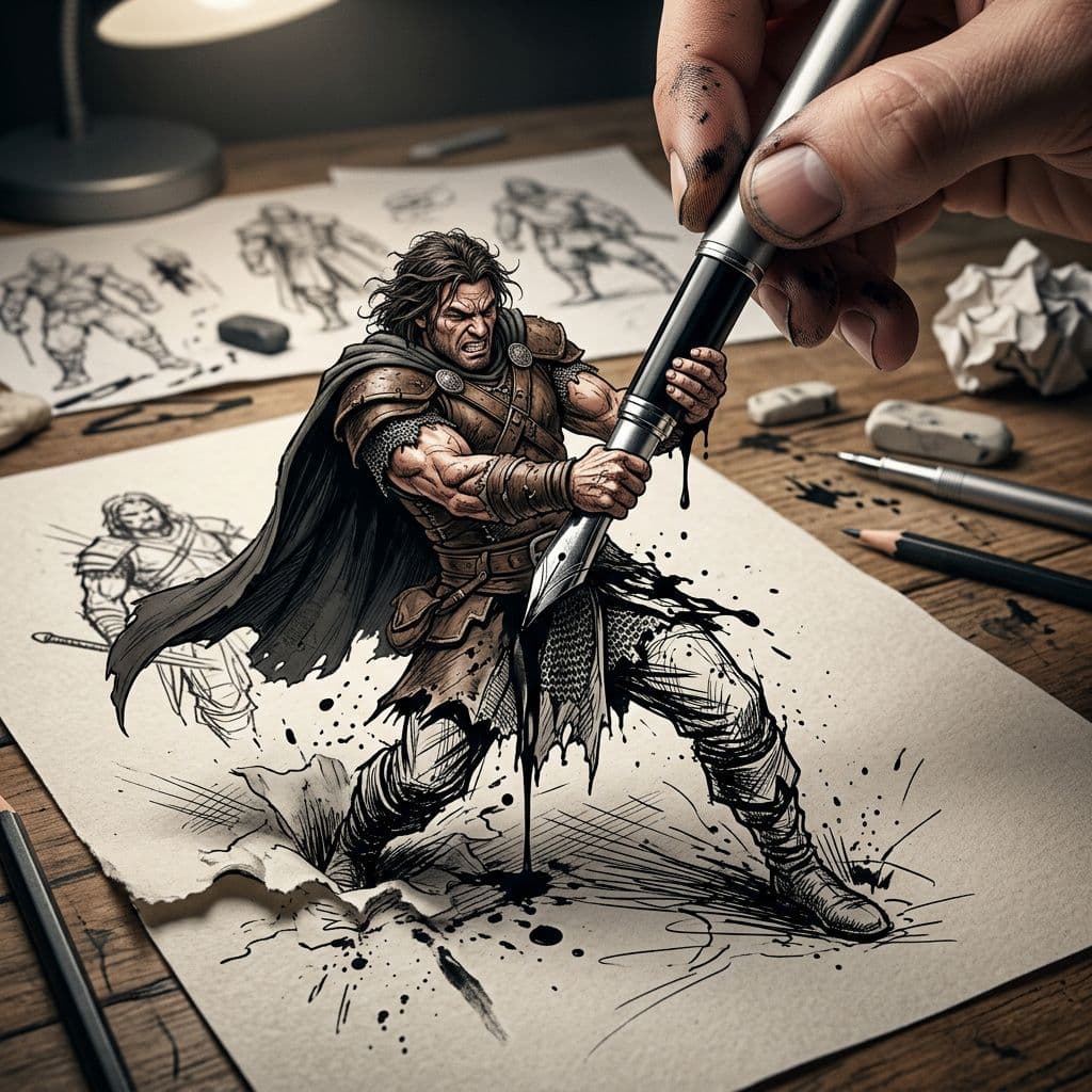AI generated: A dramatic close-up of an artist's sketch paper on a desk, where a fierce warrior is climbing up and...
