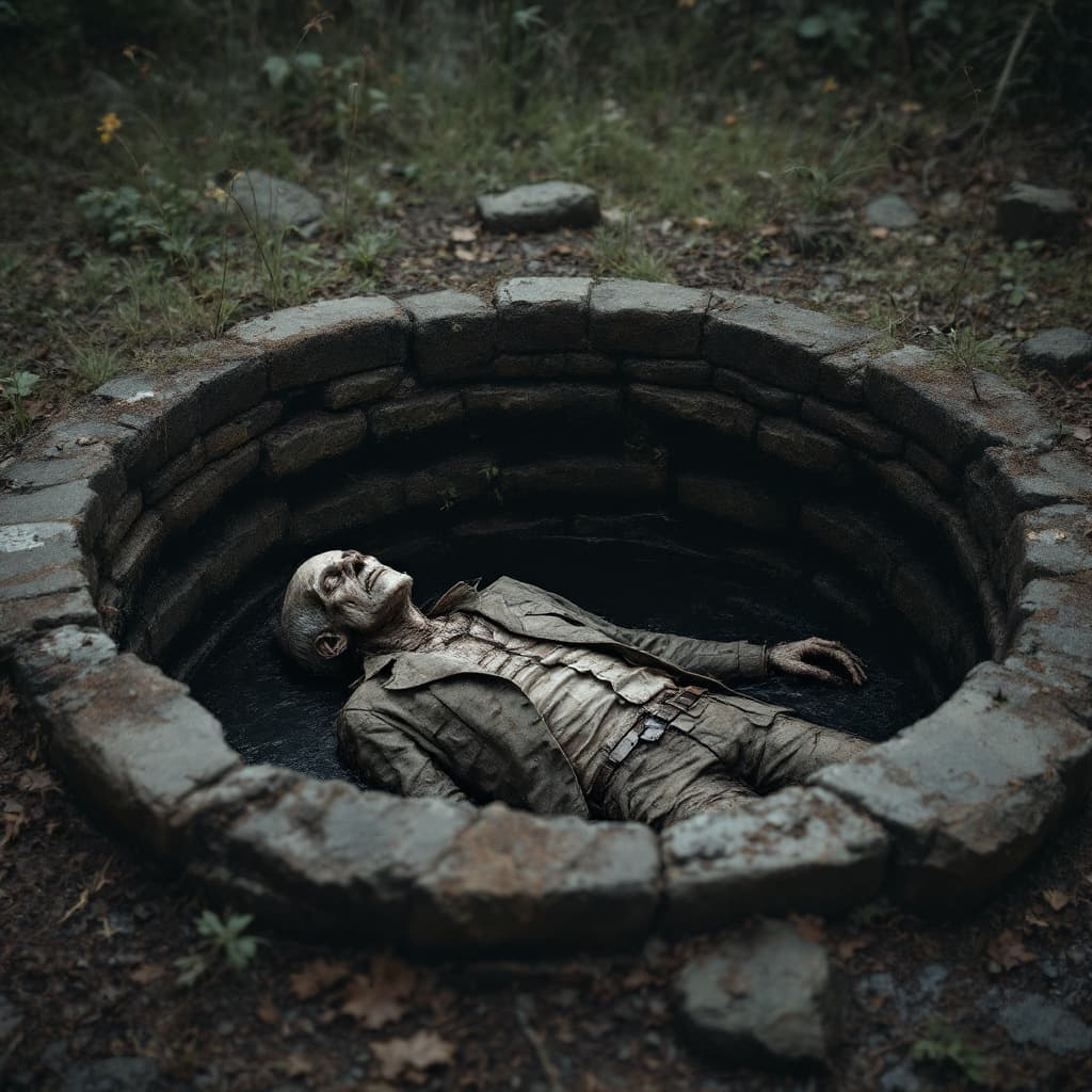AI generated: dead body of an old man lying inside an old well in a backyard of a haunted guest house