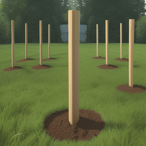 AI generated:  wooden stakes planted in the ground, tip upwards, aligned and spaced 1.5m apart, they measure 1.5m ...